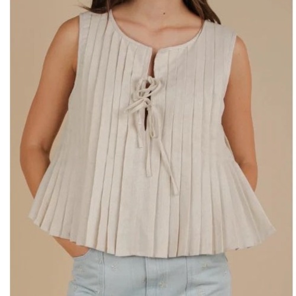 NewJ Linen Blend Pleated Lace Up Babydoll Tank Top Beige NT12184 d5
